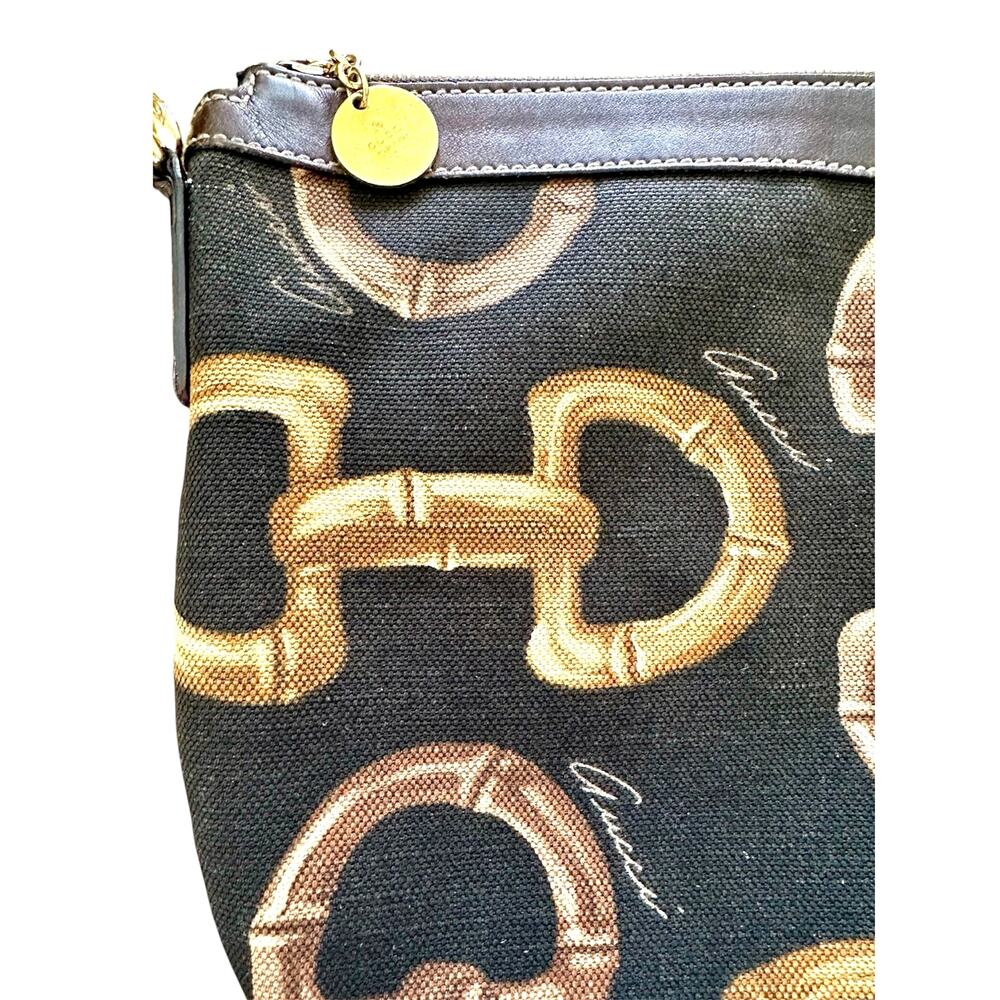 Rare vintage Gucci Half Moon bamboo Horsebit canvas & leather hobo brown black - Picture 7 of 17